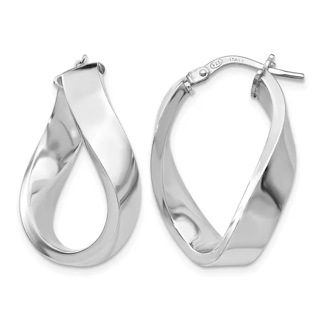 Pair of polished silver-toned hoop earrings with twisted ribbon design and clip-back closures, shown from front and side angles.