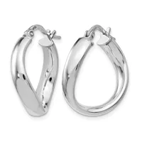 A pair of polished silver hoop earrings with chunky curved bands and clip-back closures, shown from front and side angles.