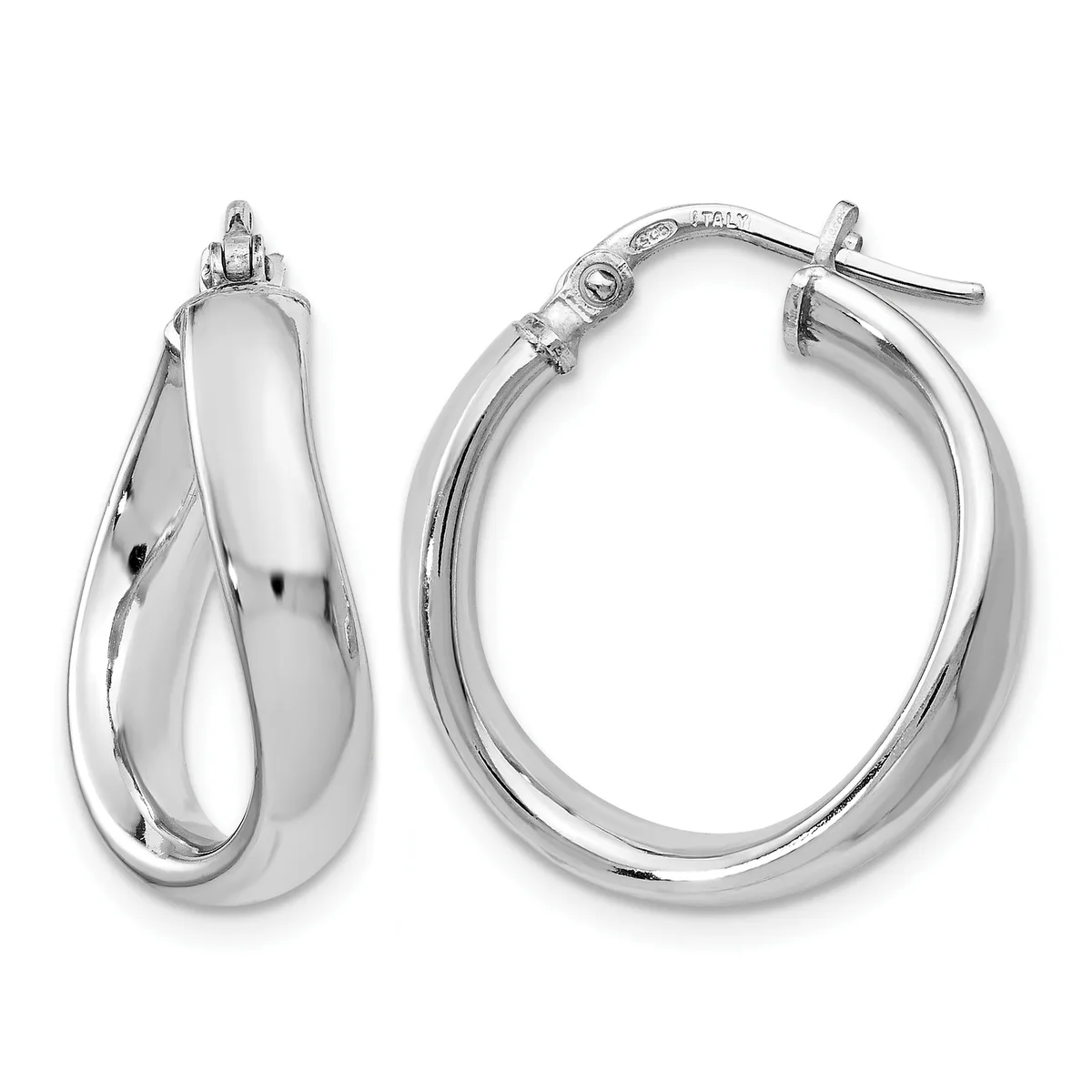 A pair of polished silver hoop earrings shown front and side view, featuring a chunky curved design with posts and backs.
