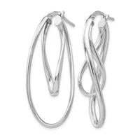 A pair of silver-toned hoop earrings with twisted and interlocking designs, shown against a white background.