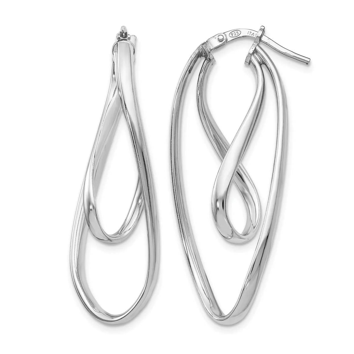 A pair of silver double-loop hoop earrings with a twisted or braided design, displayed against a white background.