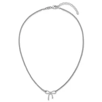 Silver-toned chain necklace with a small bow pendant at the center and an adjustable extension chain with lobster clasp closure.