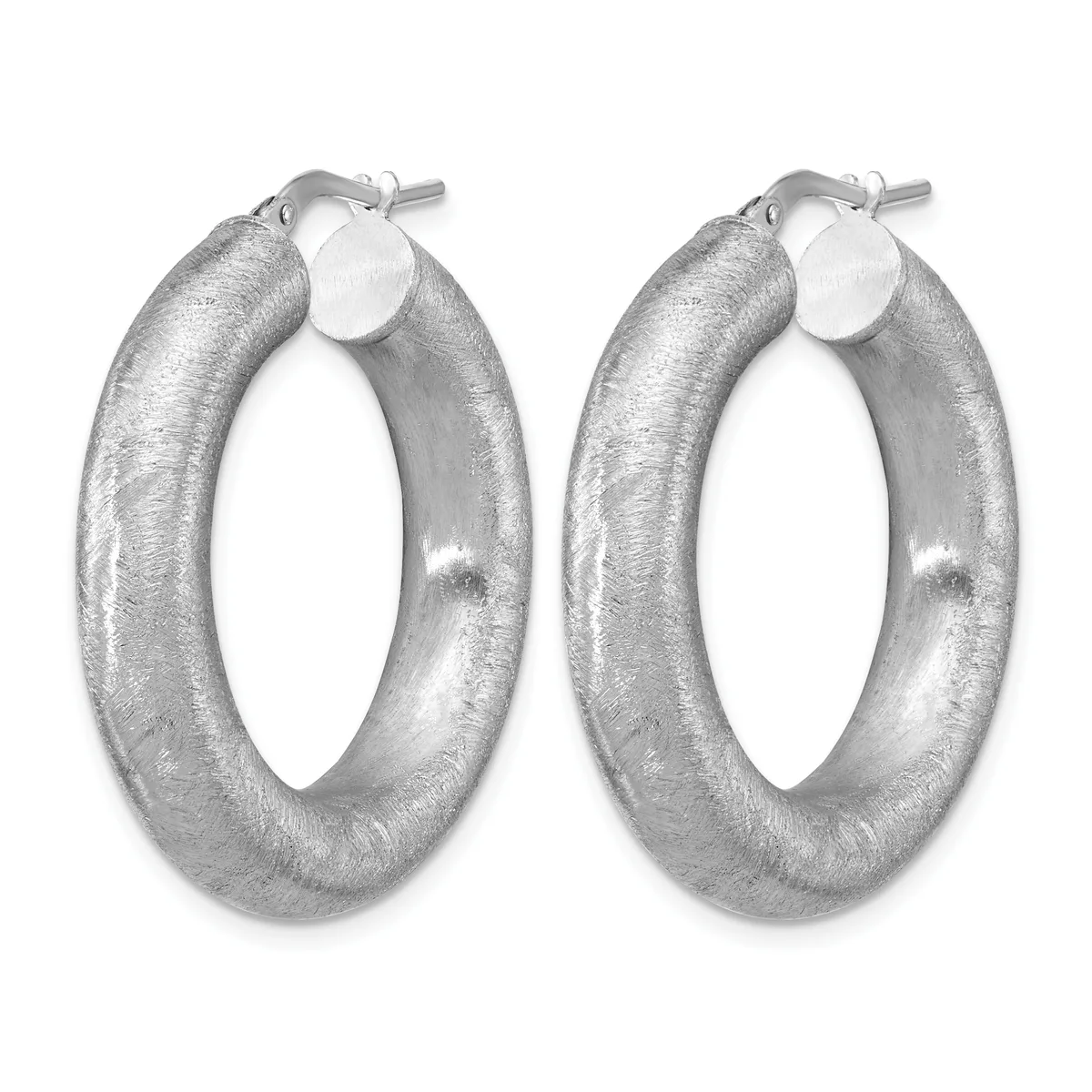 A pair of silver hoop earrings with a textured, brushed finish and post closures, displayed against a white background.
