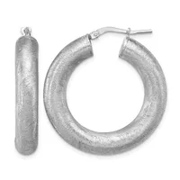 A pair of silver hoop earrings with a textured brushed finish, shown from the front and displayed with a matching cylindrical drop earring.