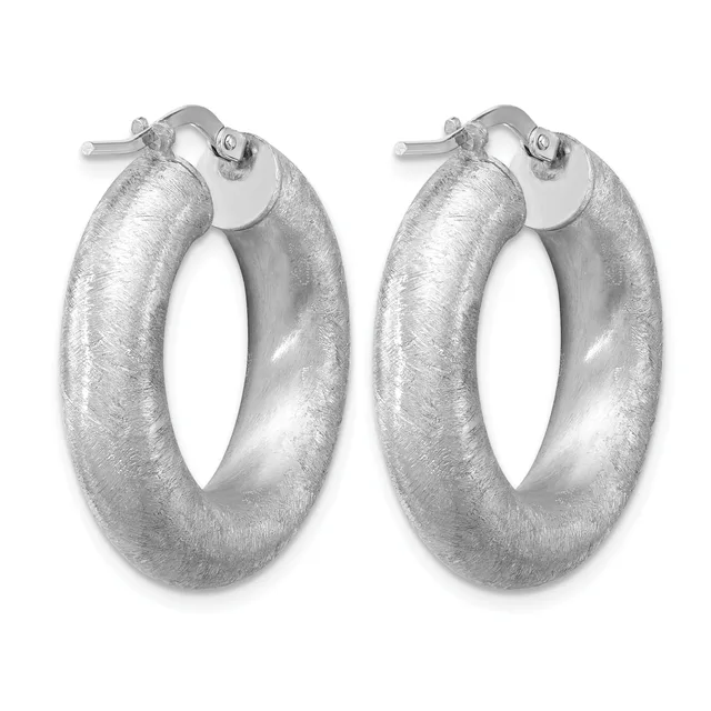 A pair of silver hoop earrings with a brushed textured finish and polished curved surfaces, shown from the front with posts and backs visible.