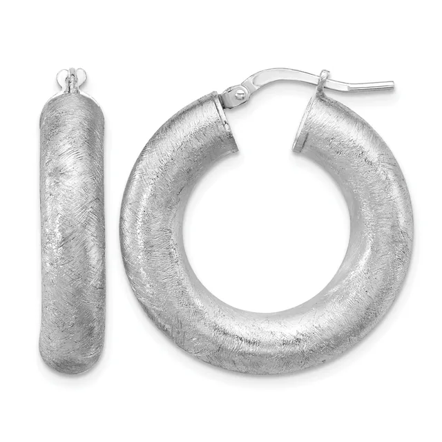 Pair of silver textured hoop earrings with post and clutch backs, shown from front and side views.