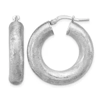 Pair of silver textured hoop earrings with post and clutch backs, shown from front and side views.