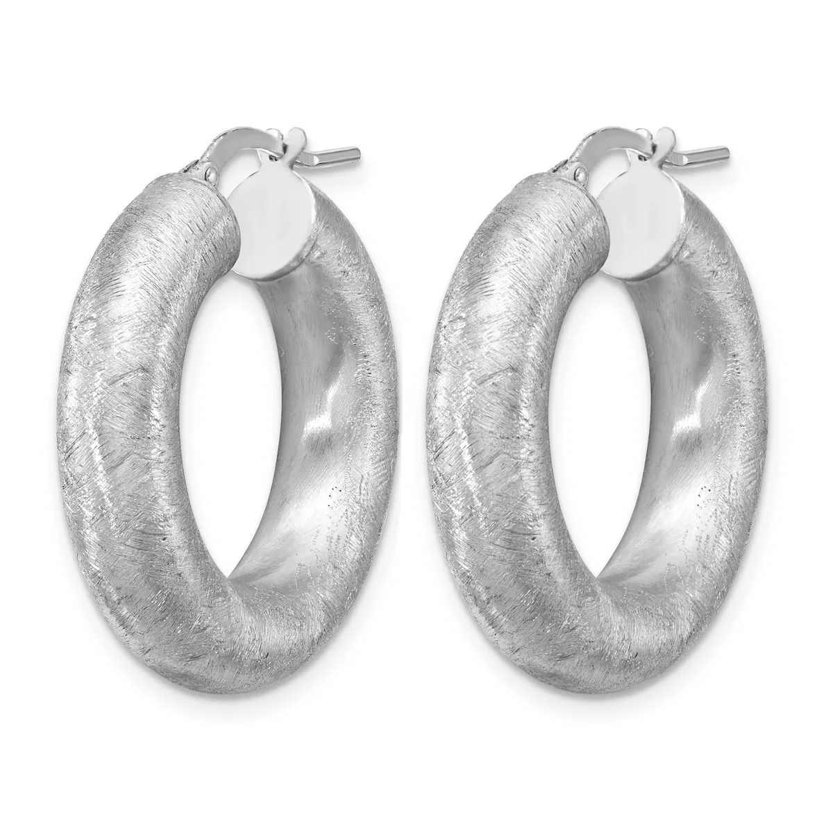 A pair of silver textured hoop earrings with a brushed finish and post-and-clutch closures.