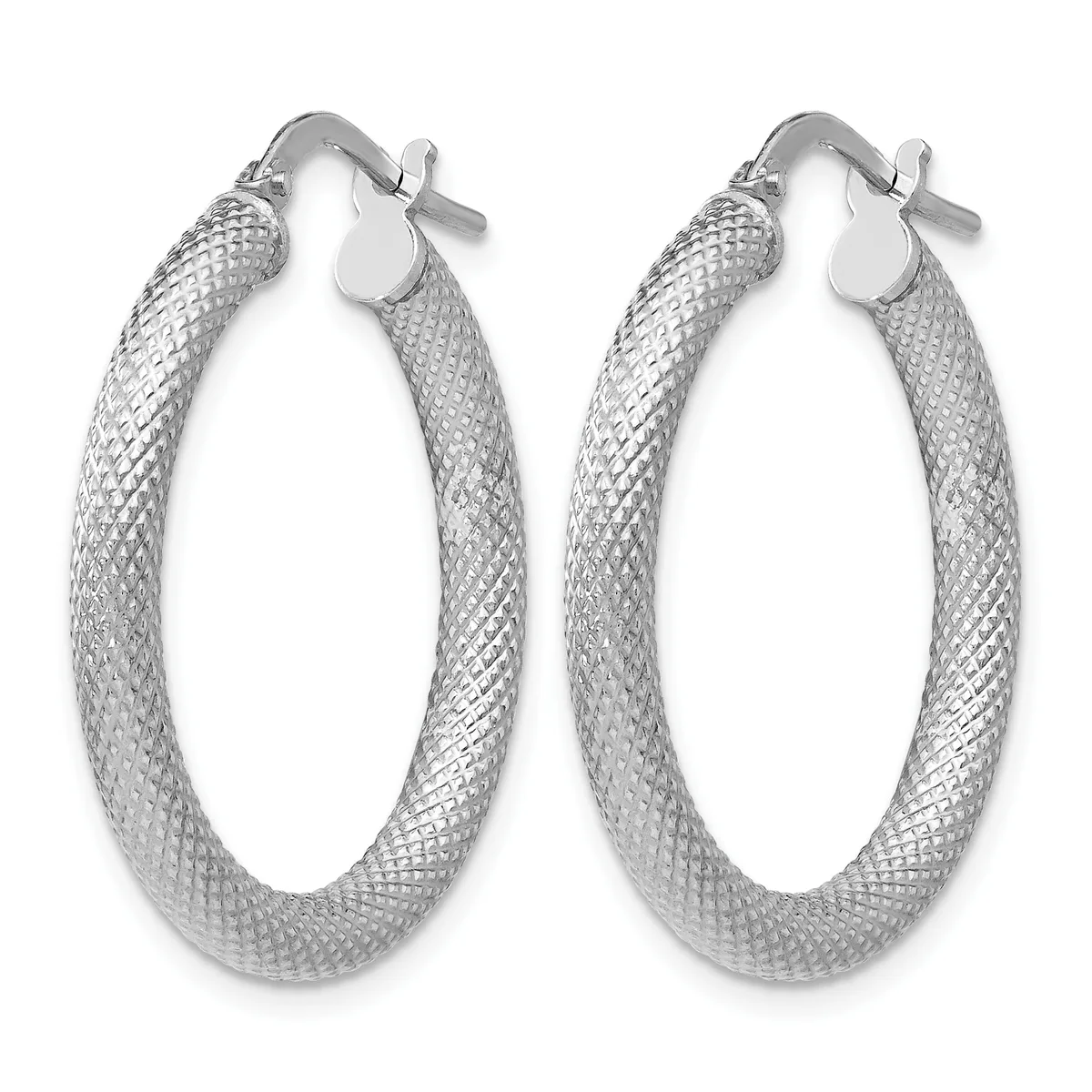 A pair of silver hoop earrings with a textured mesh surface and hinged closure posts, shown against a white background.