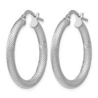 A pair of silver hoop earrings with a textured mesh surface and hinged closure posts, shown against a white background.