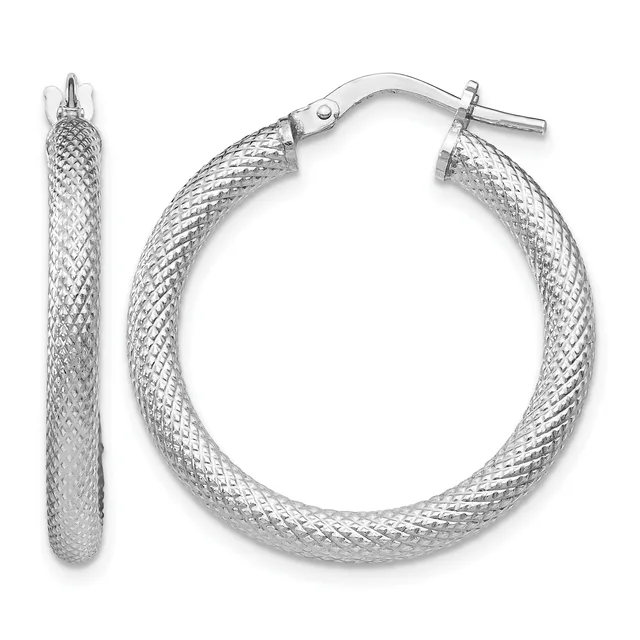 A pair of silver textured hoop earrings with a woven mesh pattern and toggle-style closures, shown from front and side views.