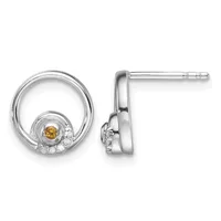 Pair of silver stud earrings with circular open design featuring a small golden citrine stone and diamond accents, shown from front and side views.