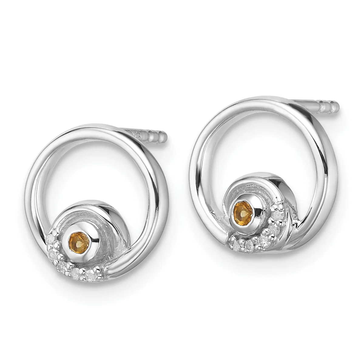 A pair of silver oval hoop earrings with citrine gemstones and diamond accents, displayed against a white background.