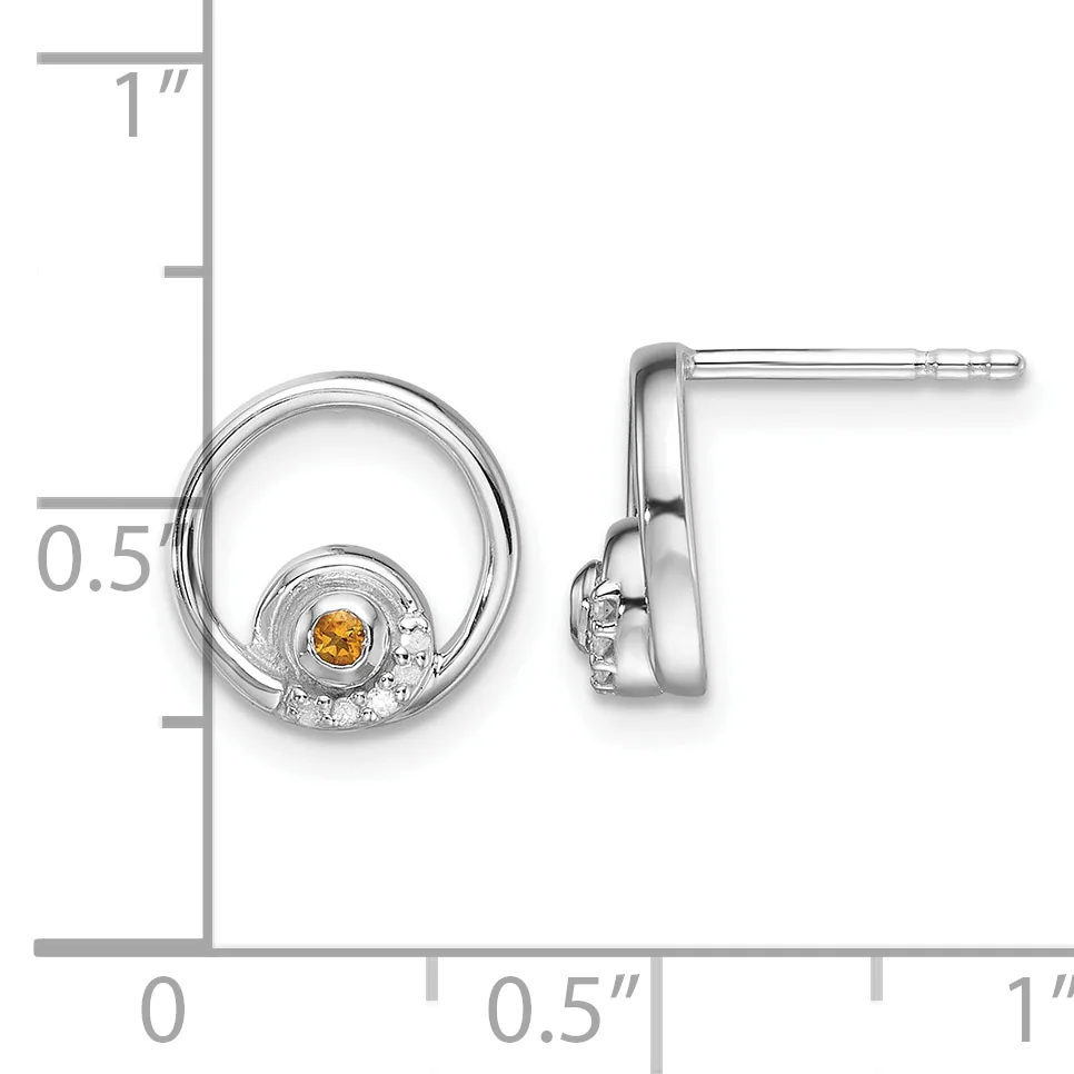Silver circular stud earrings with citrine gemstones surrounded by small diamonds, shown front and side view with a measurement scale.