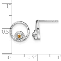 Silver circular stud earrings with citrine gemstones surrounded by small diamonds, shown front and side view with a measurement scale.
