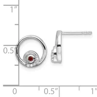 Silver circular stud earrings with a red gemstone center surrounded by small clear stones, shown front and side view against a measurement scale.