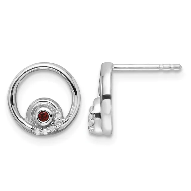 Pair of silver circular stud earrings with small red gemstones set in the center, shown from front and side views.
