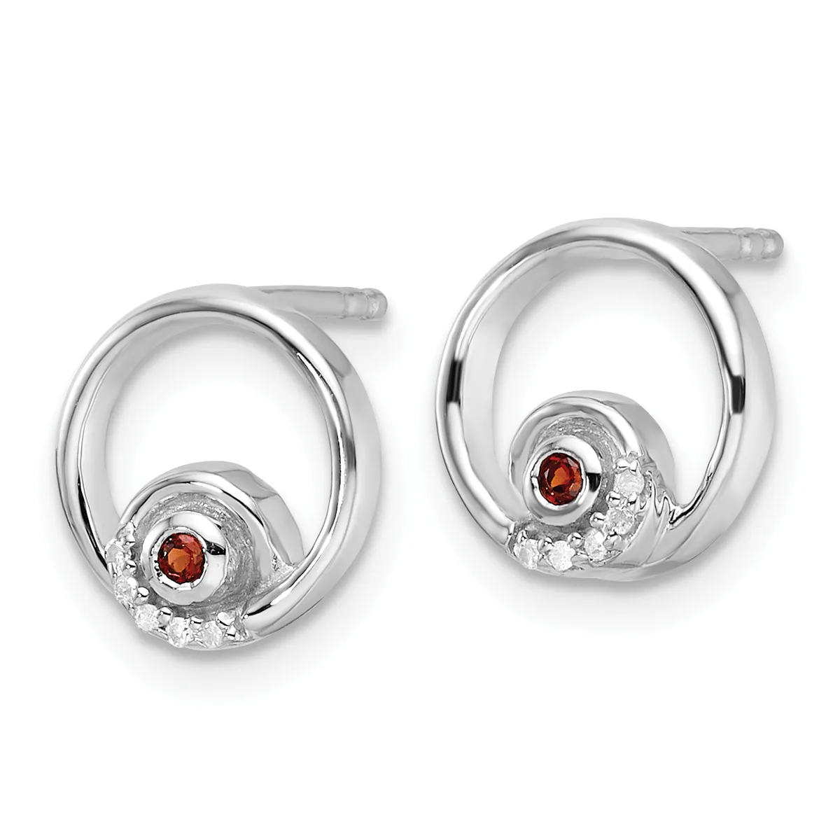 Pair of silver oval hoop earrings with round red gemstones and white stone accents set at the bottom, displayed against a white background.