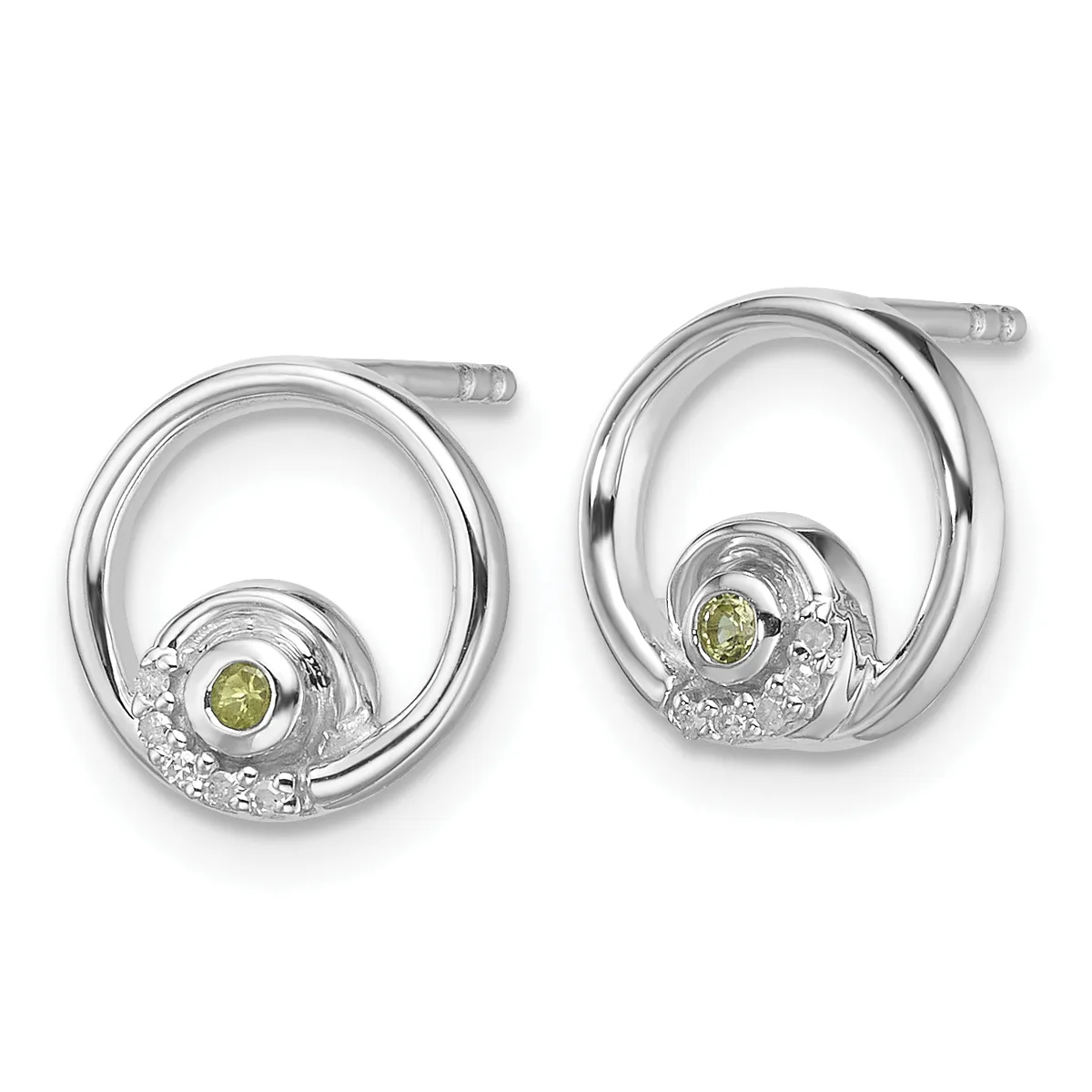 A pair of silver circular earrings with green peridot stones set in textured bezels and post backs.