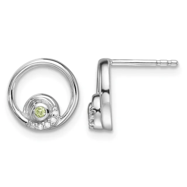 Pair of silver circular stud earrings with peridot gemstones at center, accented with small diamonds, shown from front and side views.