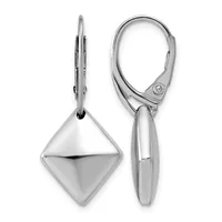 Pair of polished silver diamond-shaped drop earrings with leverback closures, shown from front and side views.