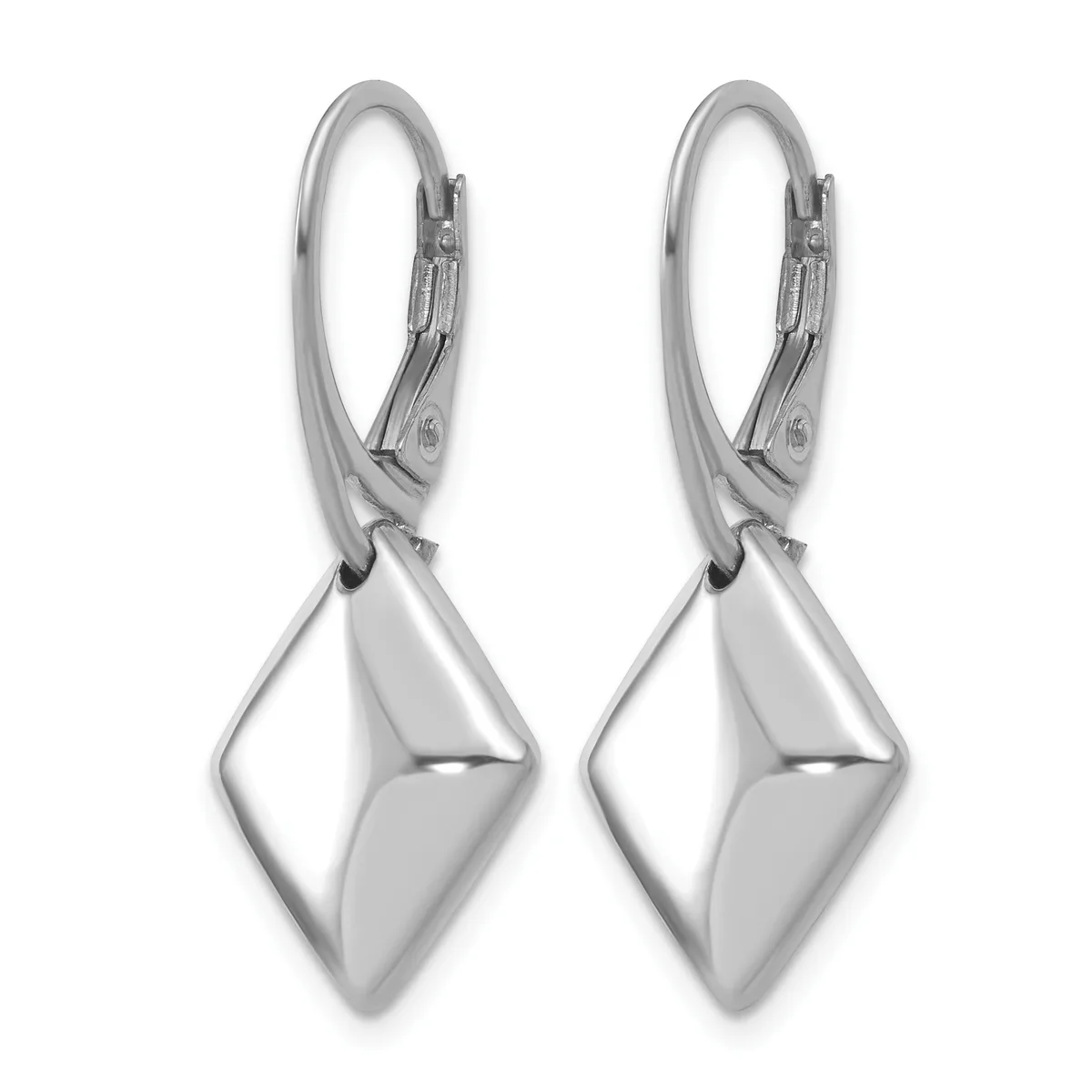 A pair of silver diamond-shaped drop earrings with lever-back closures, shown from the front against a white background.