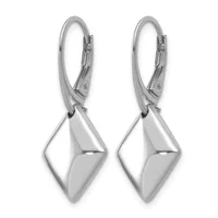 A pair of silver diamond-shaped drop earrings with lever-back closures, shown from the front against a white background.