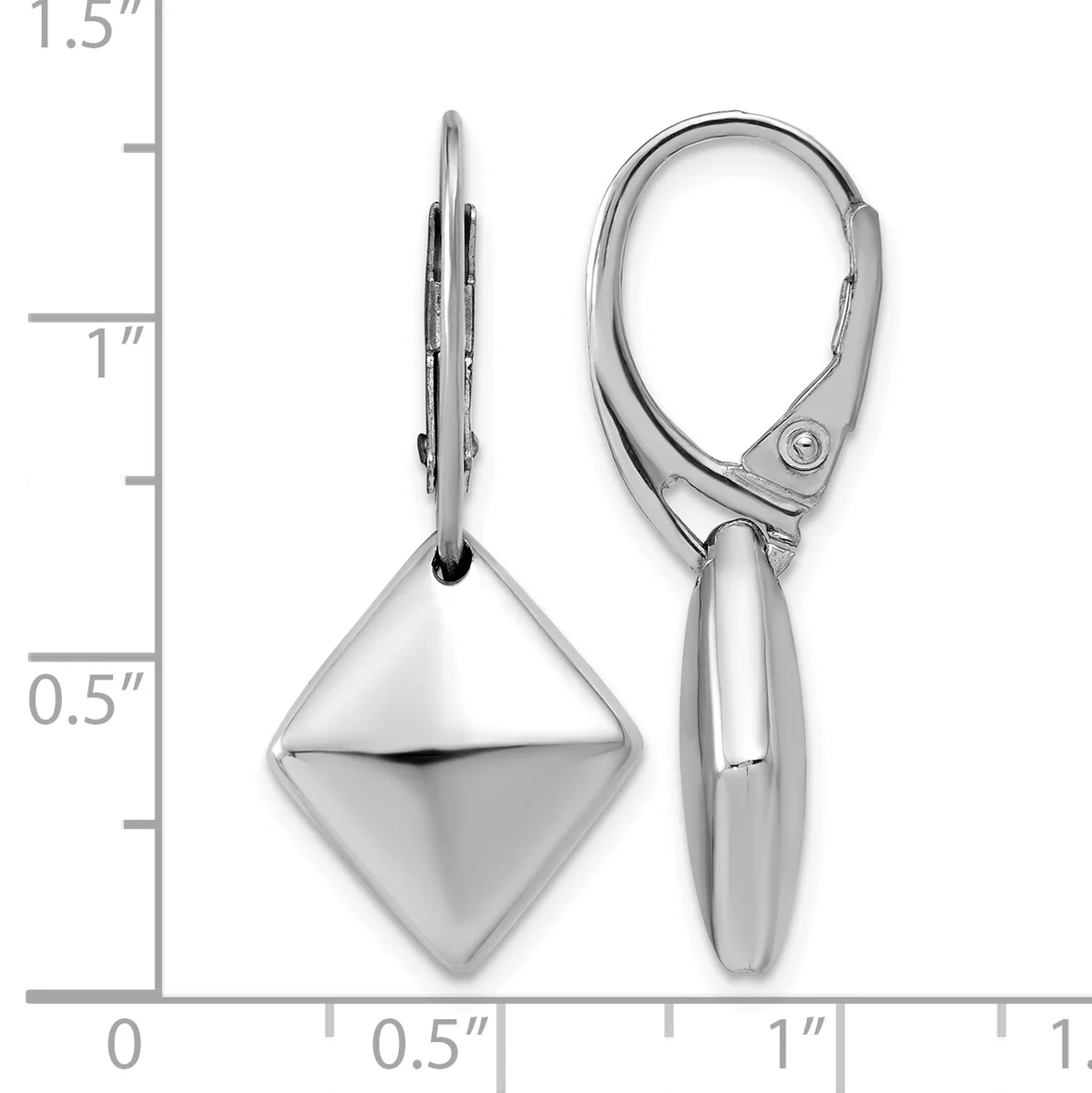 Pair of silver diamond-shaped drop earrings with leverback closures, shown against a measurement scale indicating approximately one inch in length.