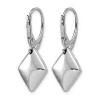 A pair of polished silver-toned diamond-shaped drop earrings with leverback closures, shown against a white background.