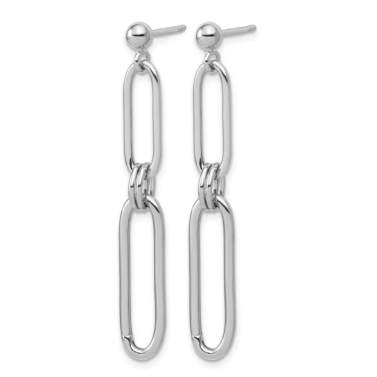 A pair of silver-toned stud earrings with two connected oval link drops hanging from small ball posts.