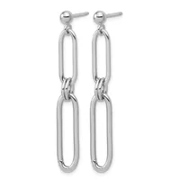 A pair of silver-toned stud earrings with two connected oval link drops hanging from small ball posts.