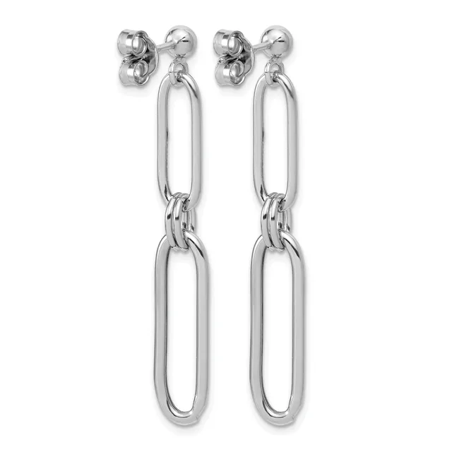 Pair of silver-toned dangle earrings with stud backs, each featuring two connected elongated oval links suspended vertically.