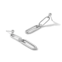 A pair of silver-toned elongated oval link earrings with ball post backs, shown from two angles against a white background.