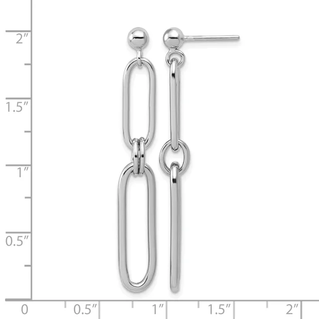 A pair of polished silver dangle earrings with ball studs and elongated oval link chains, displayed against a measurement ruler showing approximately 1.5 inches in length.