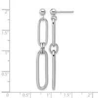 A pair of polished silver dangle earrings with ball studs and elongated oval link chains, displayed against a measurement ruler showing approximately 1.5 inches in length.