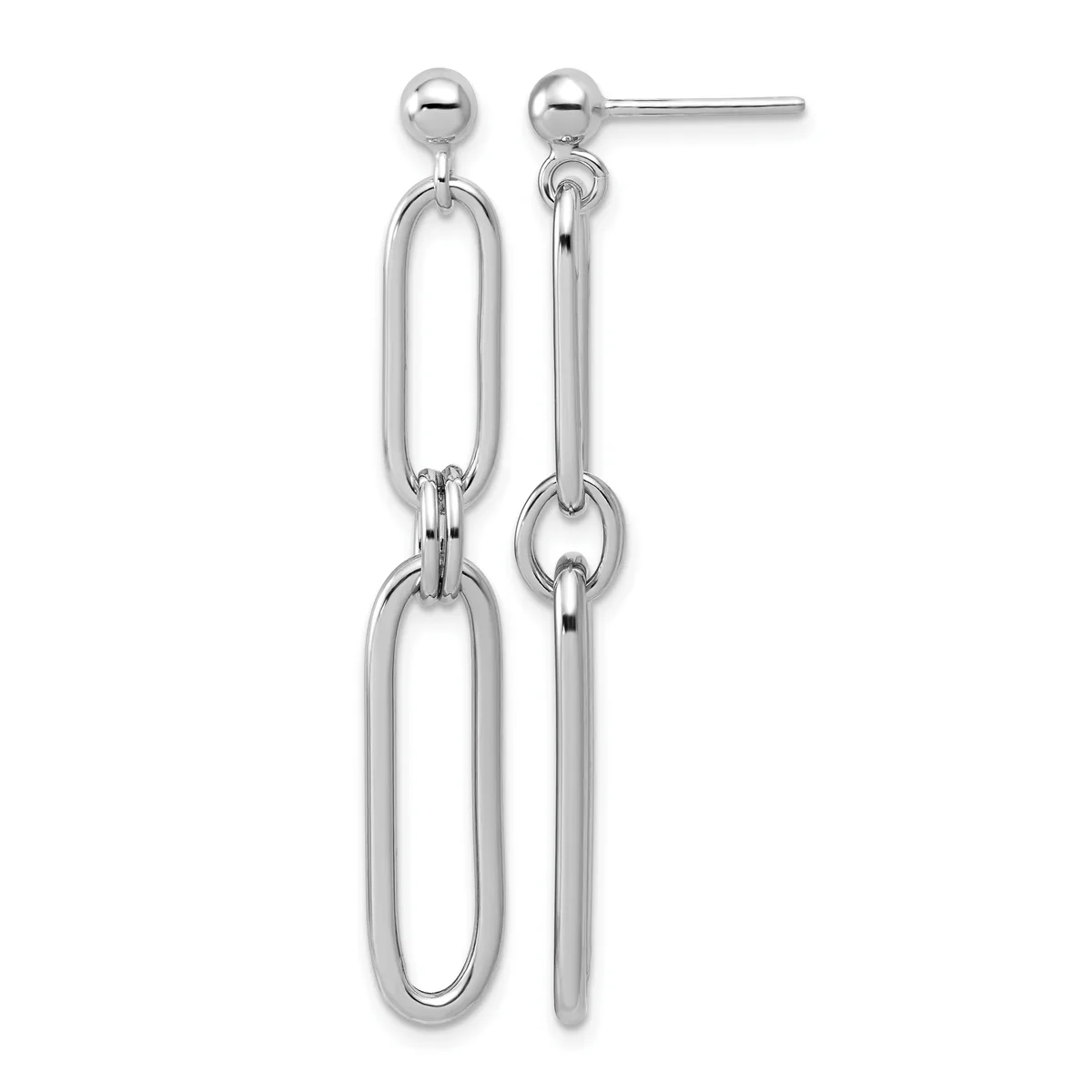 Silver-toned stud earrings with ball posts attached to long oval chain links that dangle below.