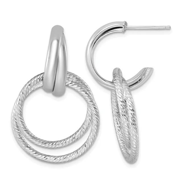 Pair of silver hoop earrings with polished and textured finishes, featuring double interlocking rings suspended from curved posts.