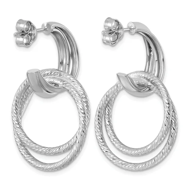 Pair of silver double oval hoop earrings with textured rope-pattern finish and polished smooth upper curves, shown from front view with post and clutch backs visible.