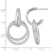 A pair of silver textured hoop earrings with smooth polished accents, shown front and side view with a measurement scale indicating approximately one inch in length.