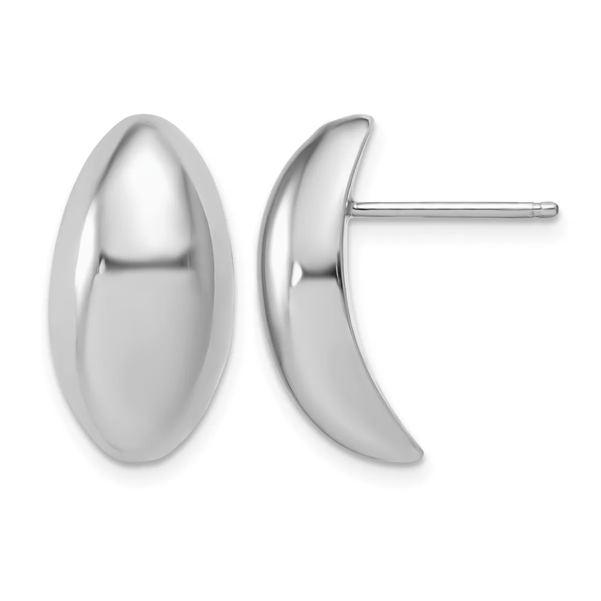 A pair of polished silver oval stud earrings shown from front and side views, displaying their smooth curved surfaces and post backs.