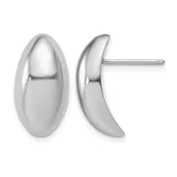 A pair of polished silver oval stud earrings shown from front and side views, displaying their smooth curved surfaces and post backs.
