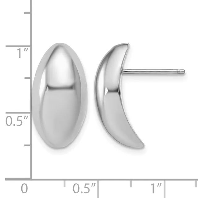 A pair of polished silver oval stud earrings shown from front and side views with a measurement scale indicating approximately 0.5 inches tall and 0.5 inches wide.