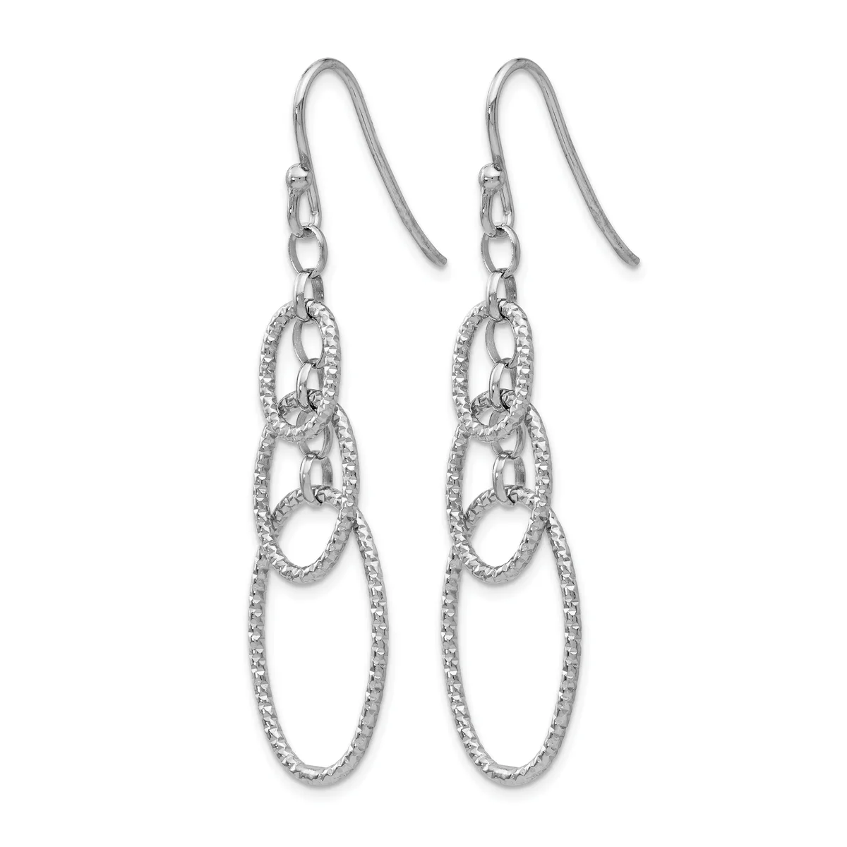 Pair of silver-tone dangle earrings with textured oval and circular link designs, shown hanging from curved ear wires.