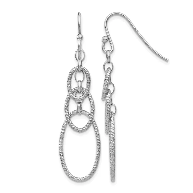 Pair of silver drop earrings with three interlocking oval links outlined in cubic zirconia, suspended from fish hook ear wires.