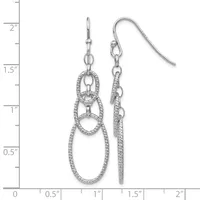 Pair of silver dangle earrings with three nested oval loops decorated with small crystals, displayed against a measurement ruler showing approximately two inches in length.