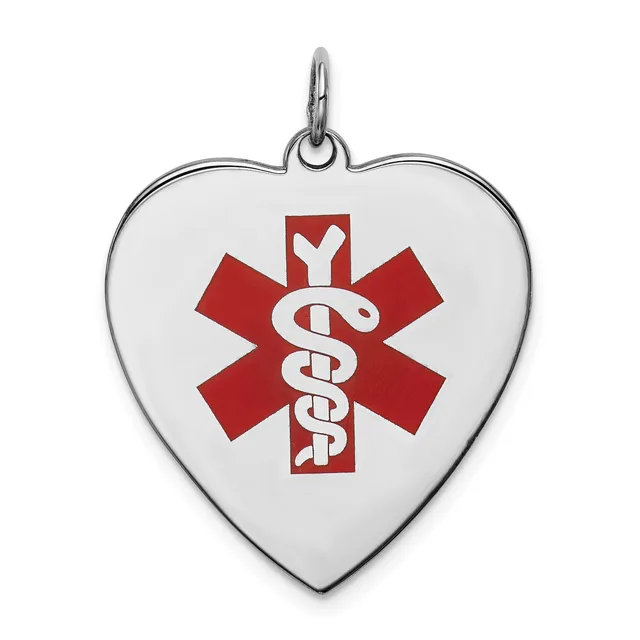 Heart-shaped silver pendant with a red medical symbol featuring a cross and intertwined snakes in the center, suspended from a silver loop.