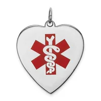 Heart-shaped silver pendant with a red medical symbol featuring a cross and intertwined snakes in the center, suspended from a silver loop.