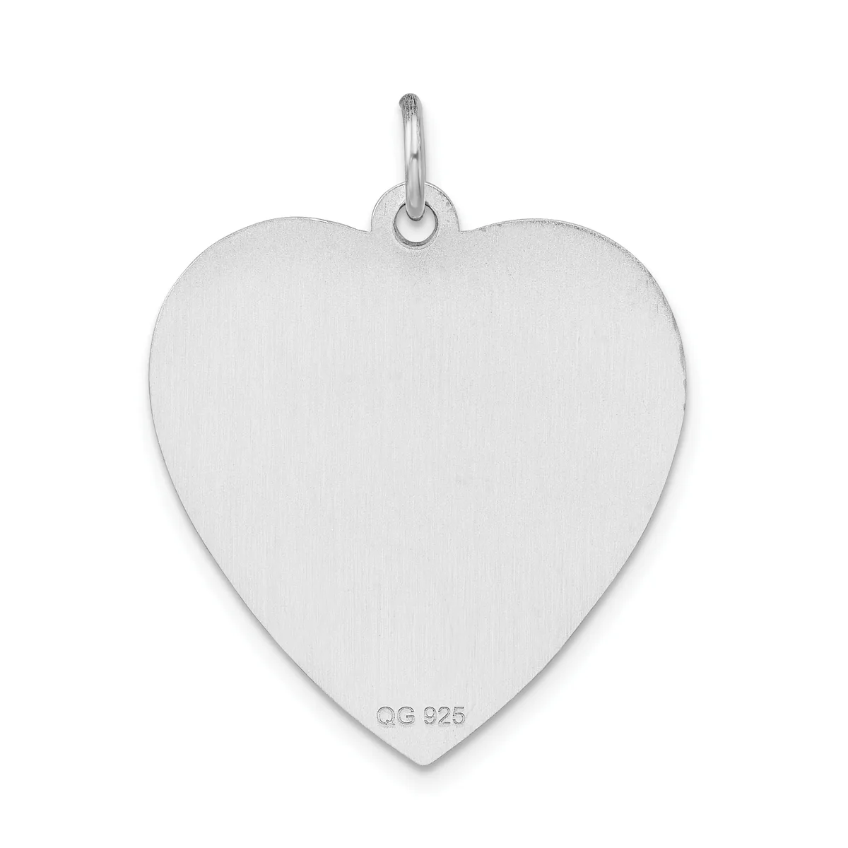 A polished silver heart-shaped pendant with a loop attachment at the top and a small stamped hallmark on the lower portion.