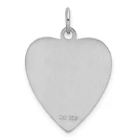 Sterling silver heart-shaped pendant with a brushed finish and small stamped hallmark on the front, suspended from a loop bail.