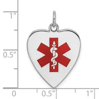 Silver heart-shaped medical alert pendant with red Star of Life symbol and attached bail, shown next to ruler measuring approximately one inch tall.